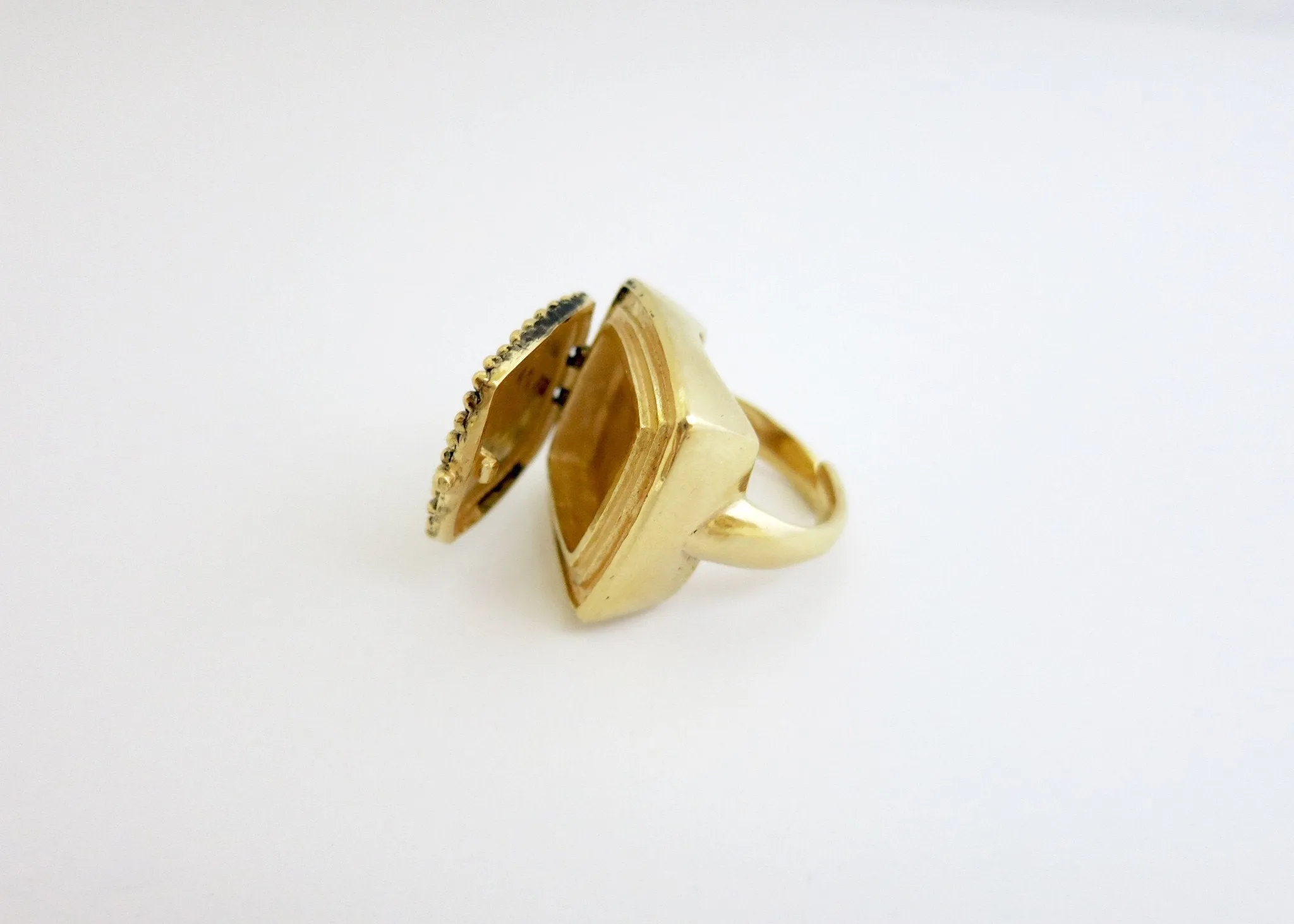 Dramatic, beaded texture, square, gold-plated brass locket ring