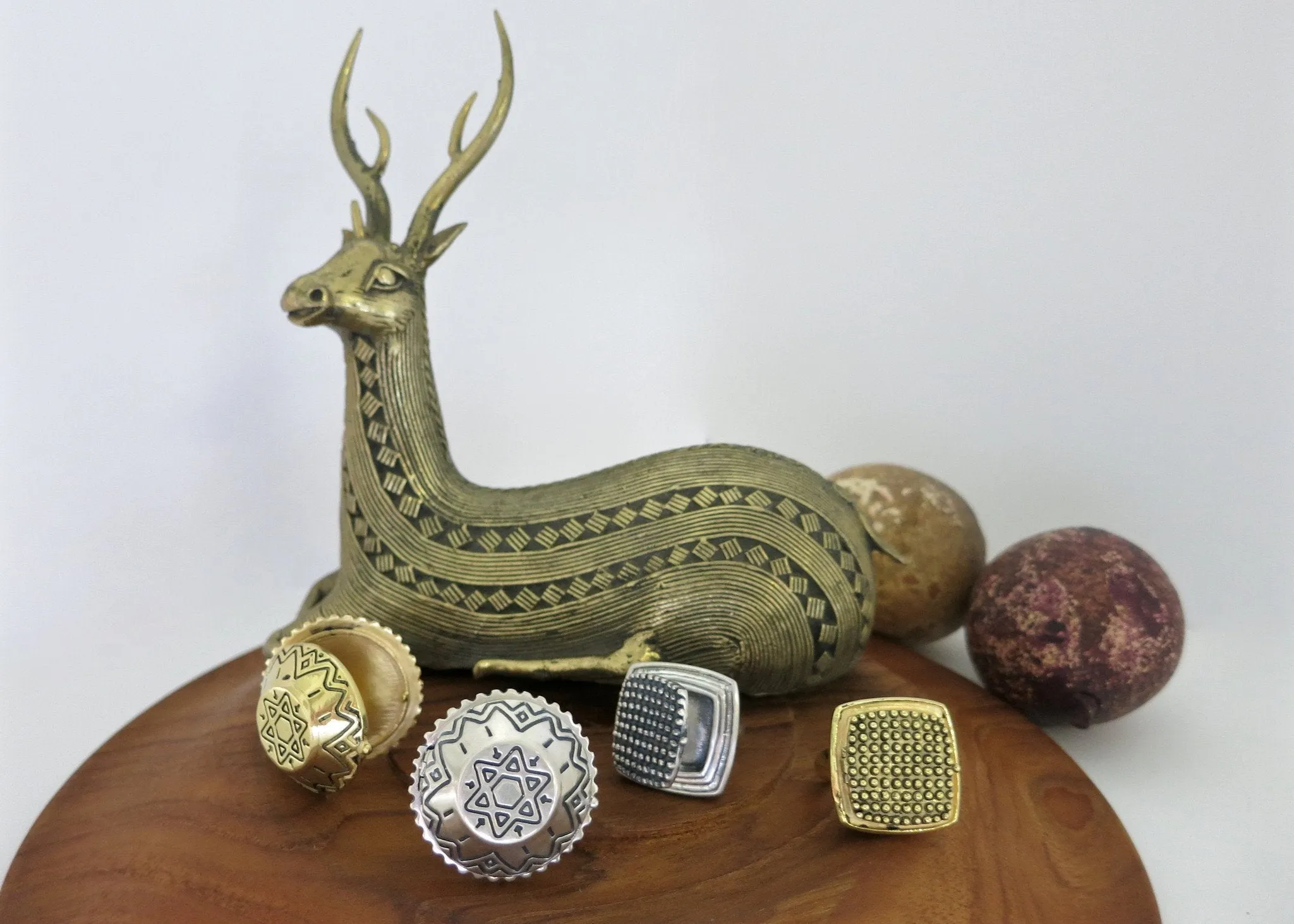 Dramatic, beaded texture, square, gold-plated brass locket ring
