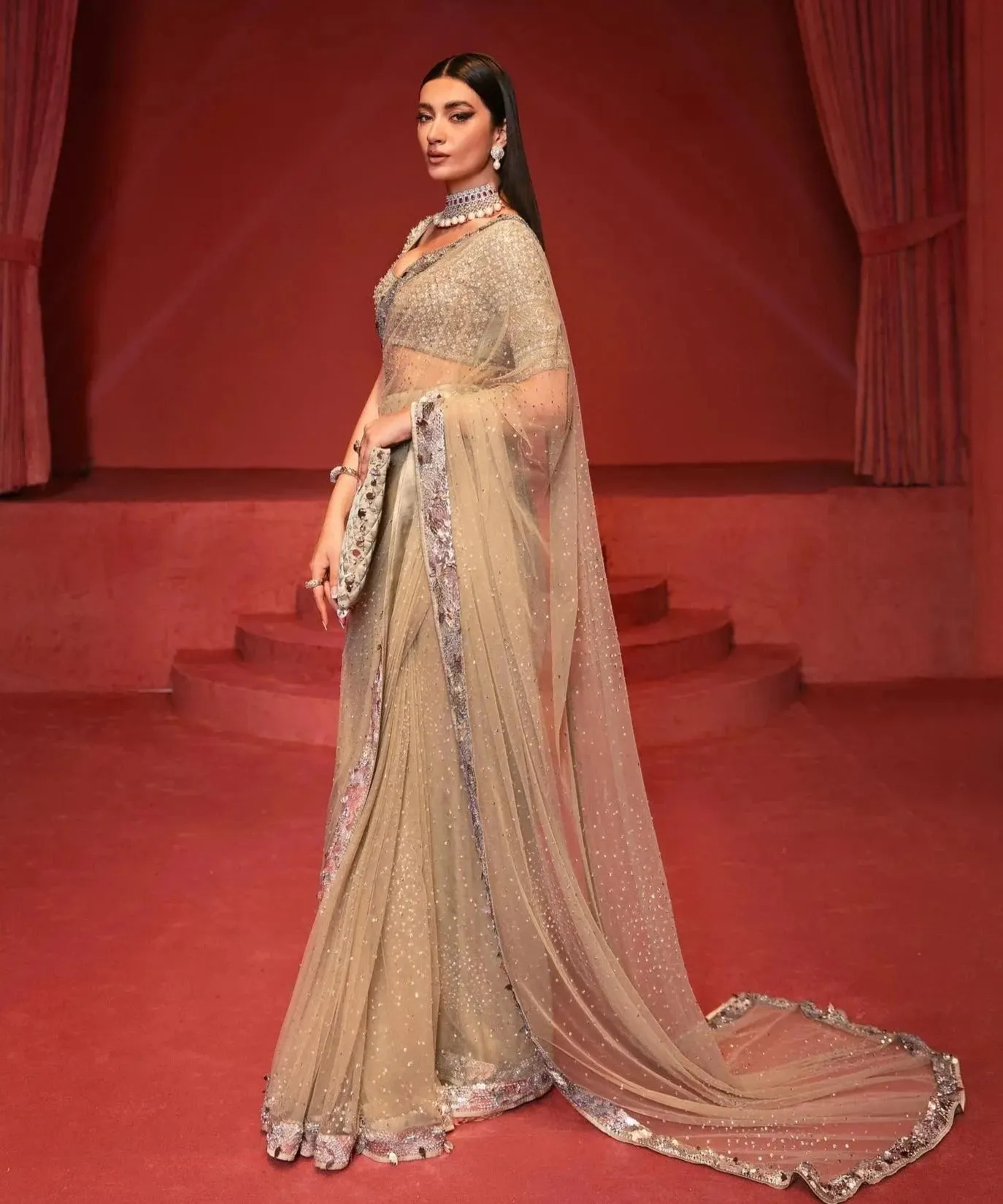 Embellished Bridal Saree with Blouse in Silver Color
