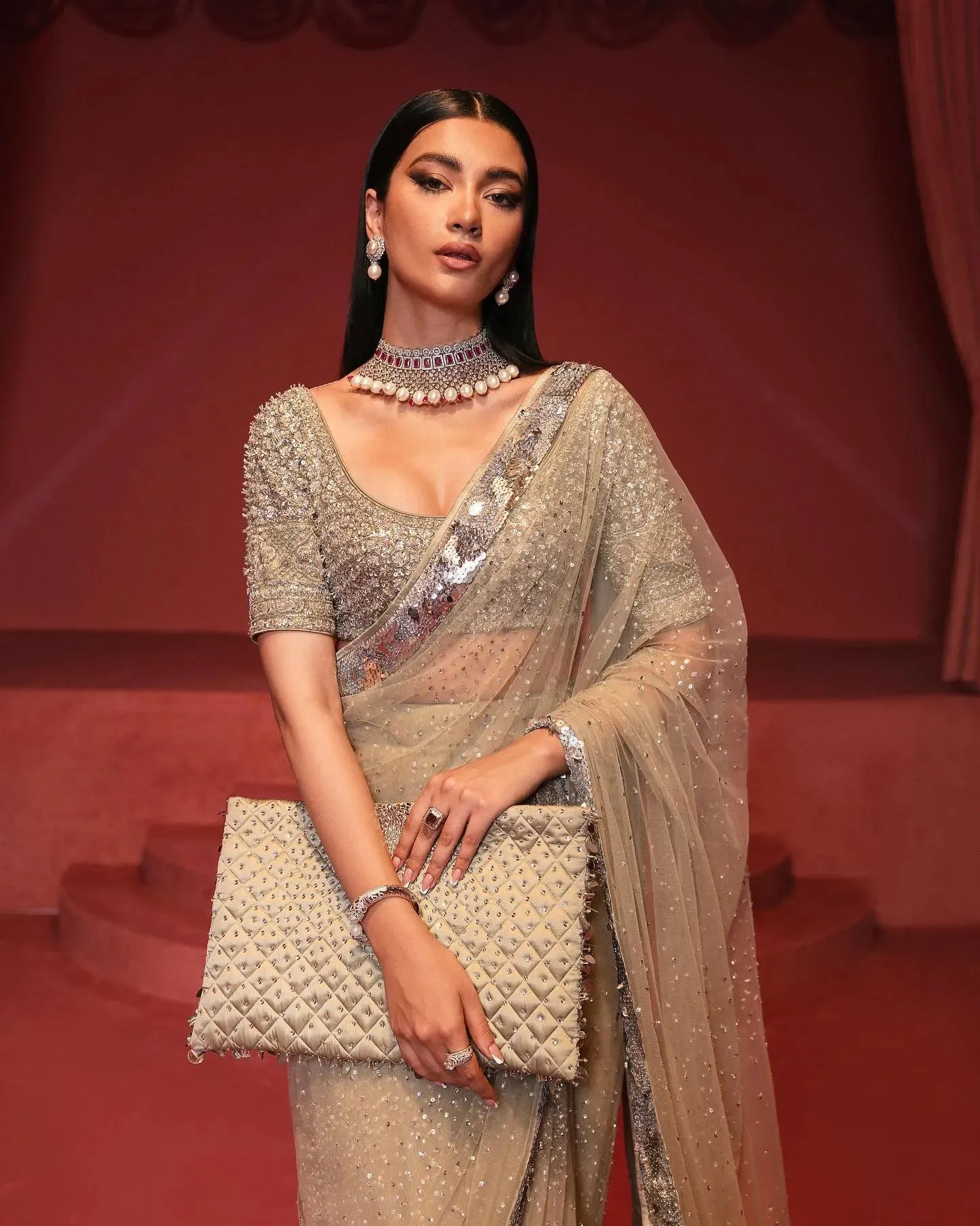 Embellished Bridal Saree with Blouse in Silver Color