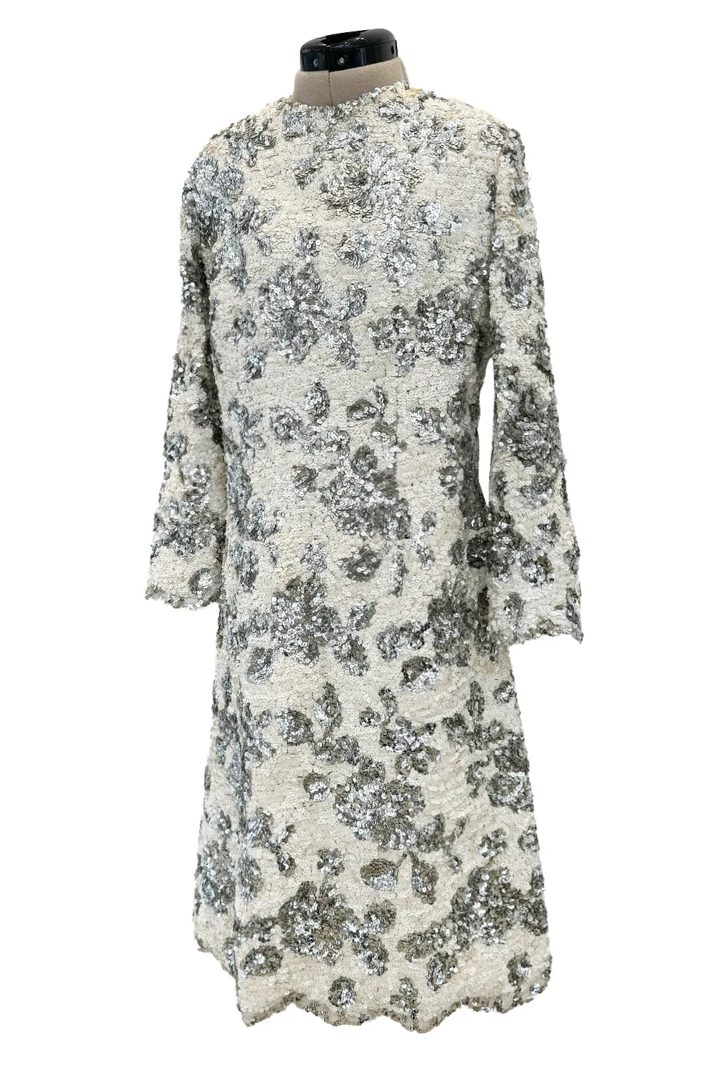 Exceptional 1960s Nina Ricci by Gérard Pipart Haute Couture Silver & White Densely Sequin Dress