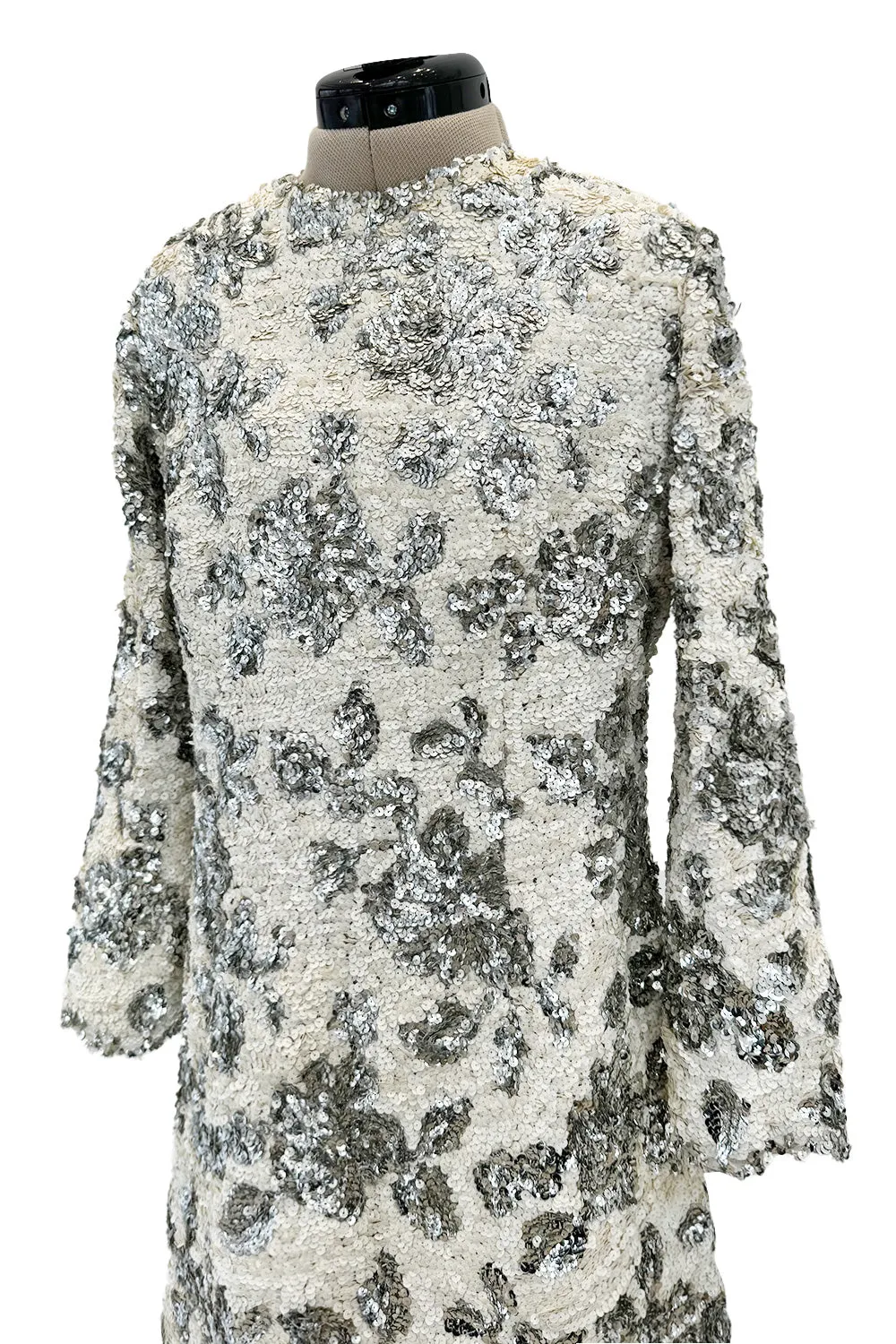 Exceptional 1960s Nina Ricci by Gérard Pipart Haute Couture Silver & White Densely Sequin Dress