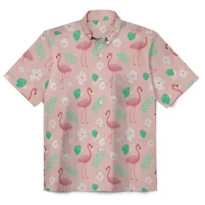 Flamingo Print Button-Down Linen Short Sleeve Shirt 2409011476