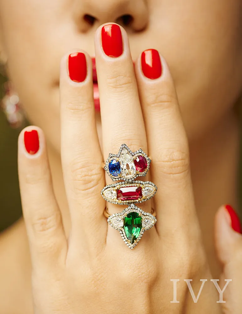 French Tricolore Ring with Blue Sapphire, Ruby Burma and Diamond