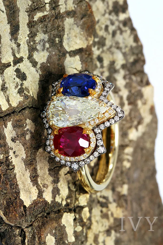 French Tricolore Ring with Blue Sapphire, Ruby Burma and Diamond