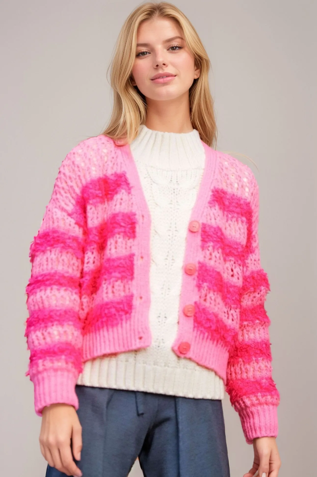Fuzzy Pink Striped Sweater