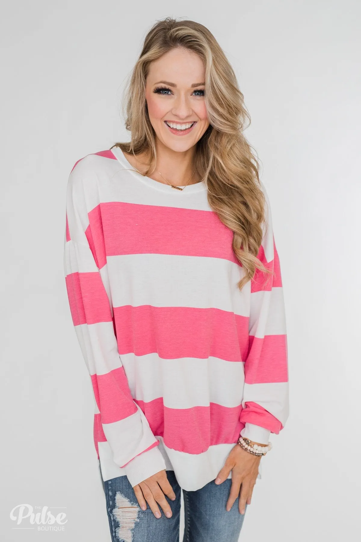 Good Day for Sunshine Striped Pullover- Pink & Off White