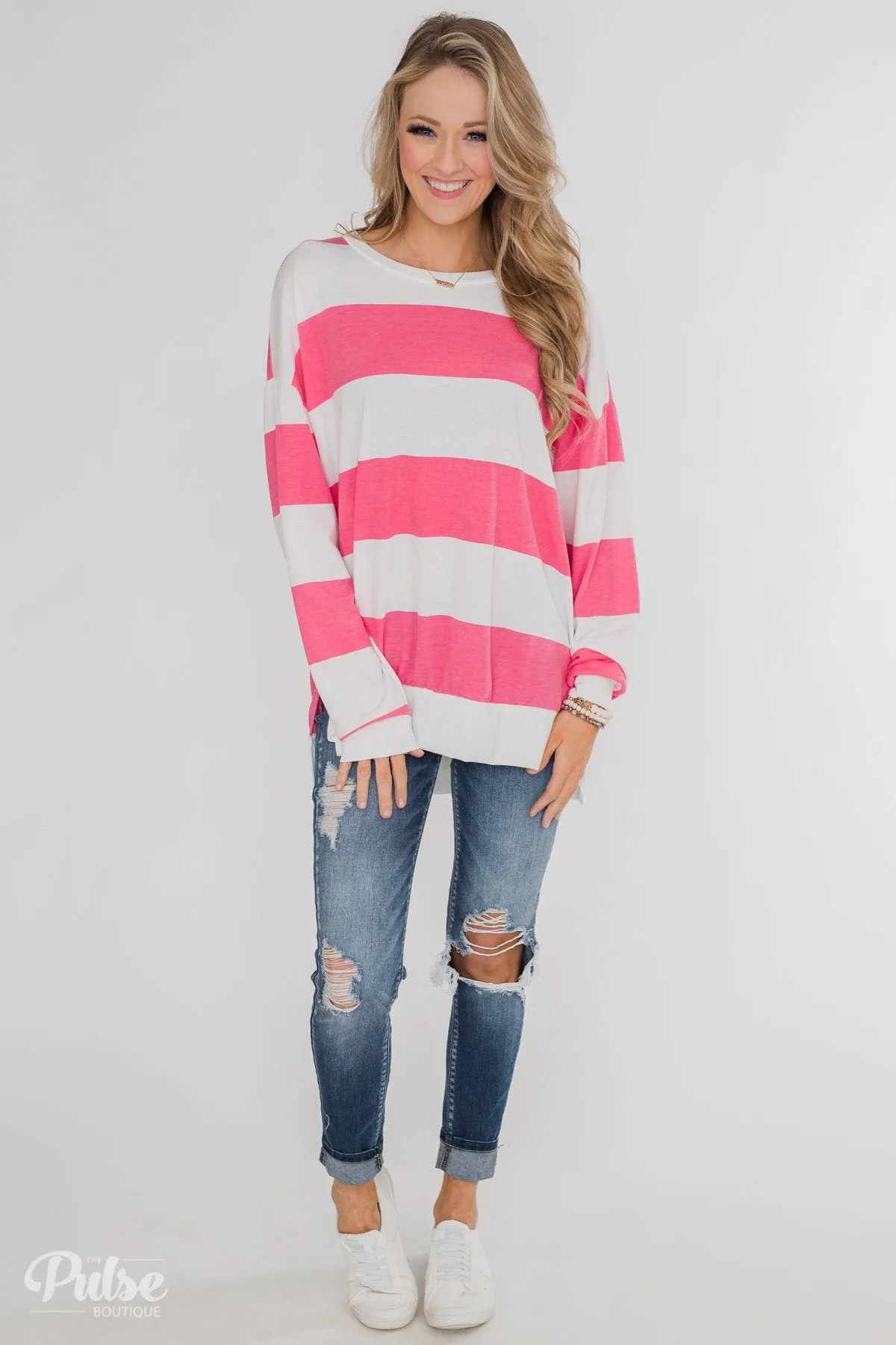 Good Day for Sunshine Striped Pullover- Pink & Off White