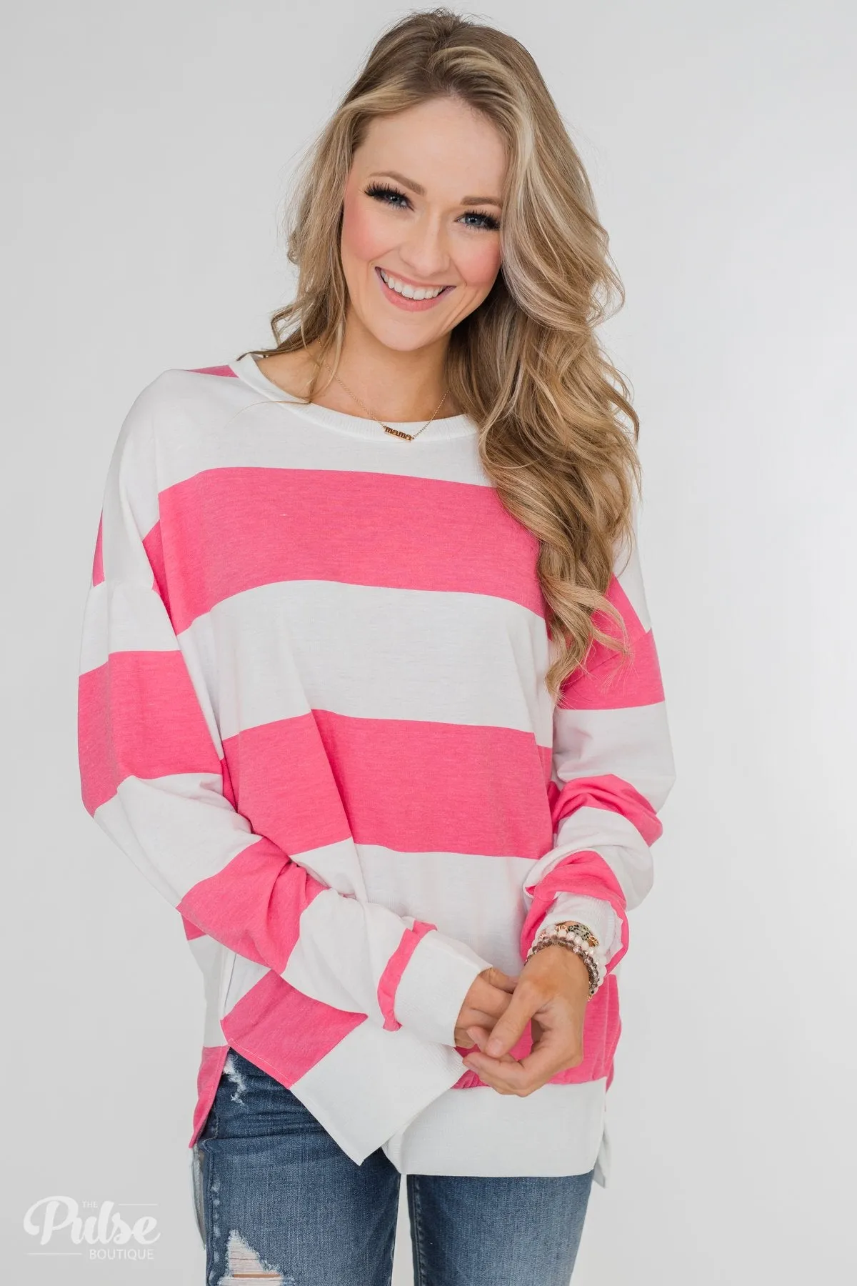 Good Day for Sunshine Striped Pullover- Pink & Off White