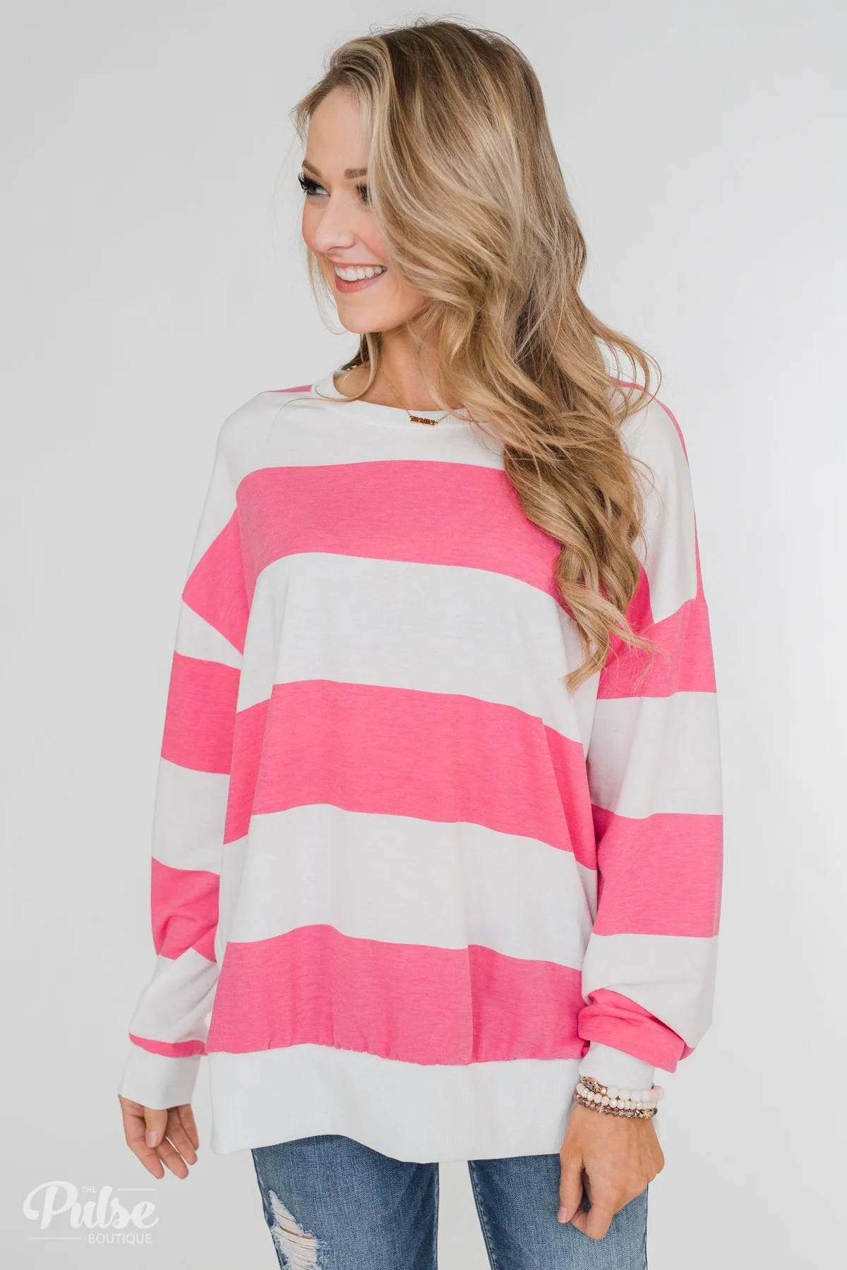 Good Day for Sunshine Striped Pullover- Pink & Off White