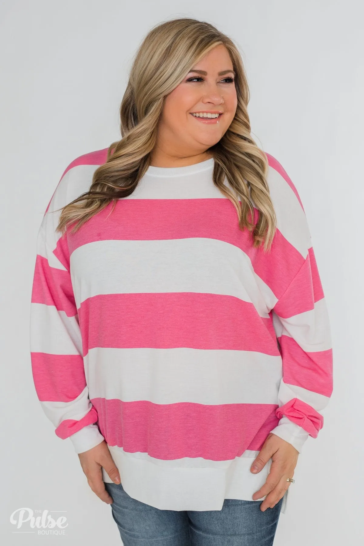 Good Day for Sunshine Striped Pullover- Pink & Off White