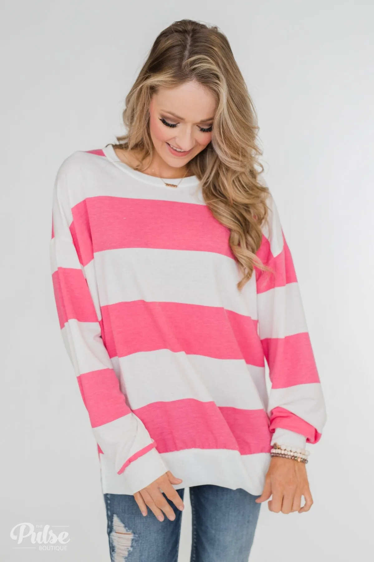 Good Day for Sunshine Striped Pullover- Pink & Off White