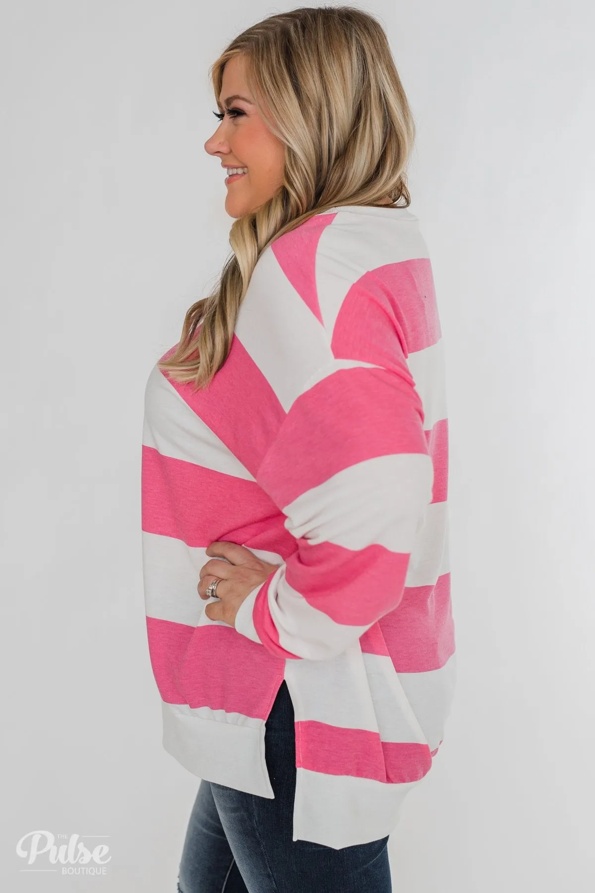 Good Day for Sunshine Striped Pullover- Pink & Off White