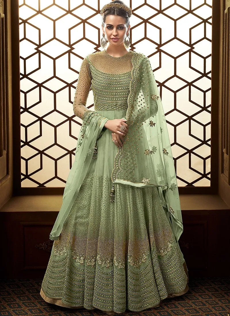 Green Golden Embroidered Net Anarkali Suit