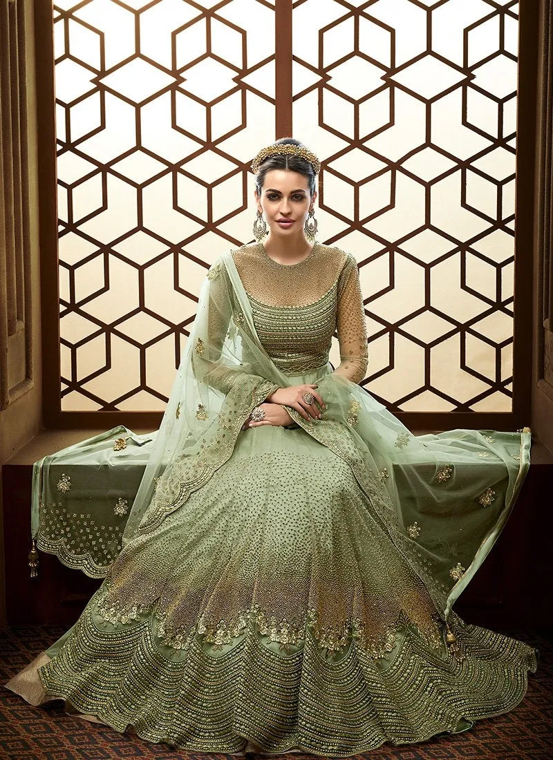 Green Golden Embroidered Net Anarkali Suit
