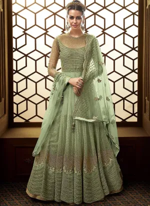 Green Golden Embroidered Net Anarkali Suit
