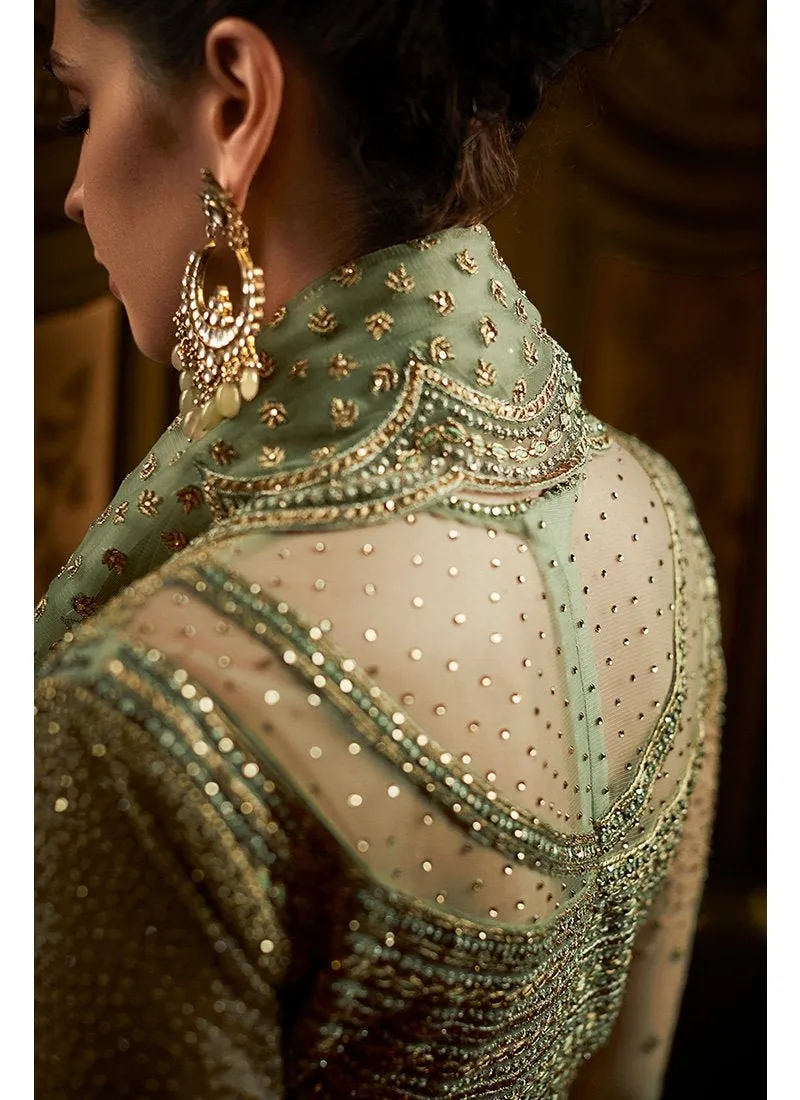 Green Golden Embroidered Net Anarkali Suit
