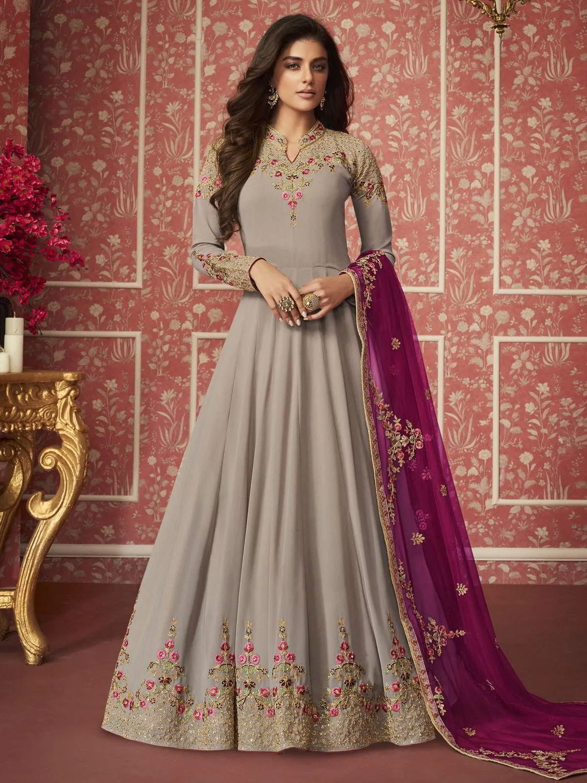 Grey And Pink Zari Embroidered Traditional Anarkali Suit