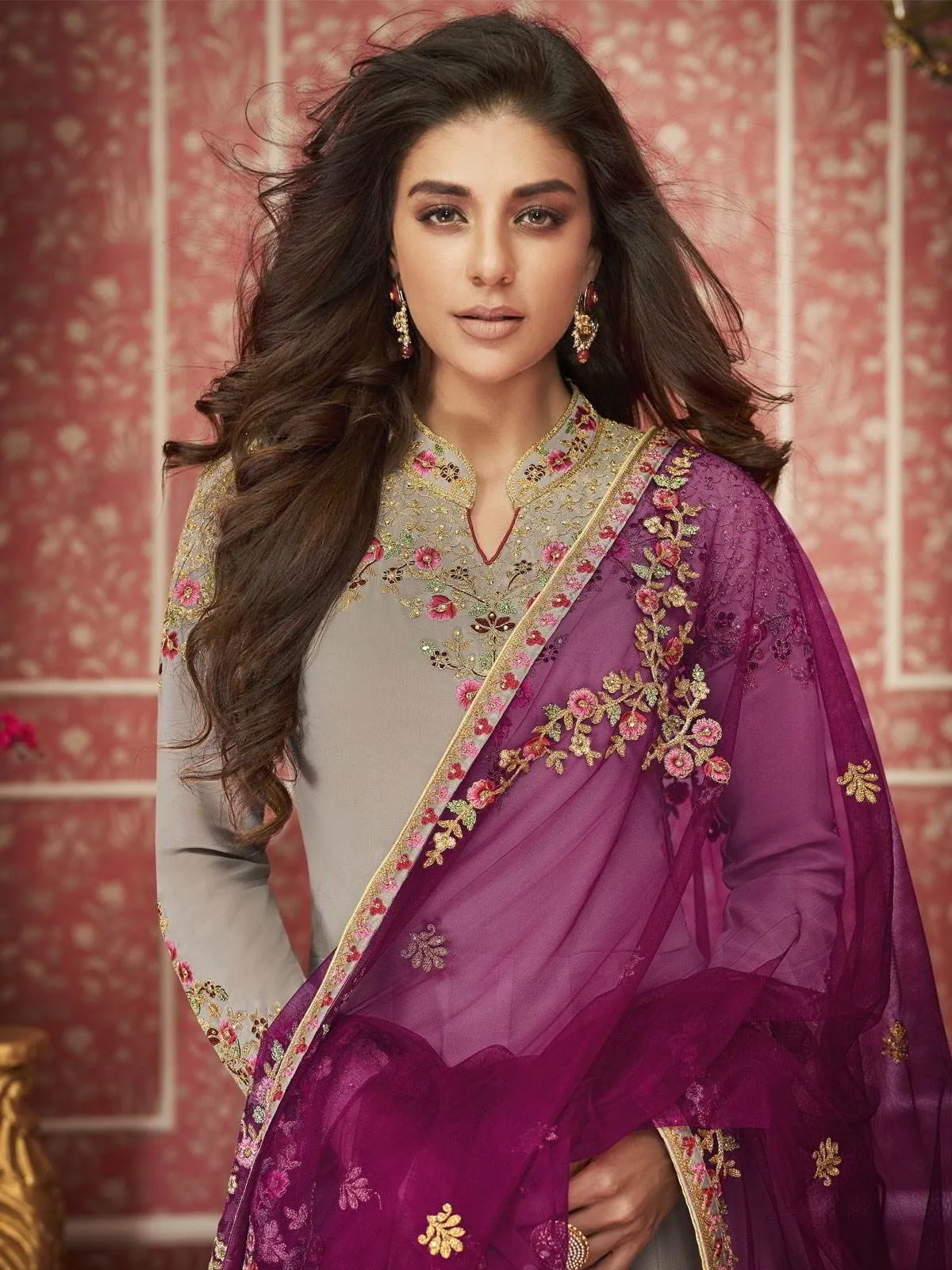 Grey And Pink Zari Embroidered Traditional Anarkali Suit