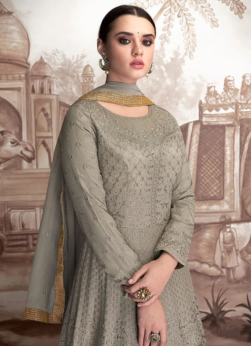 Grey Golden OverAll Embroidered Anarkali Suit