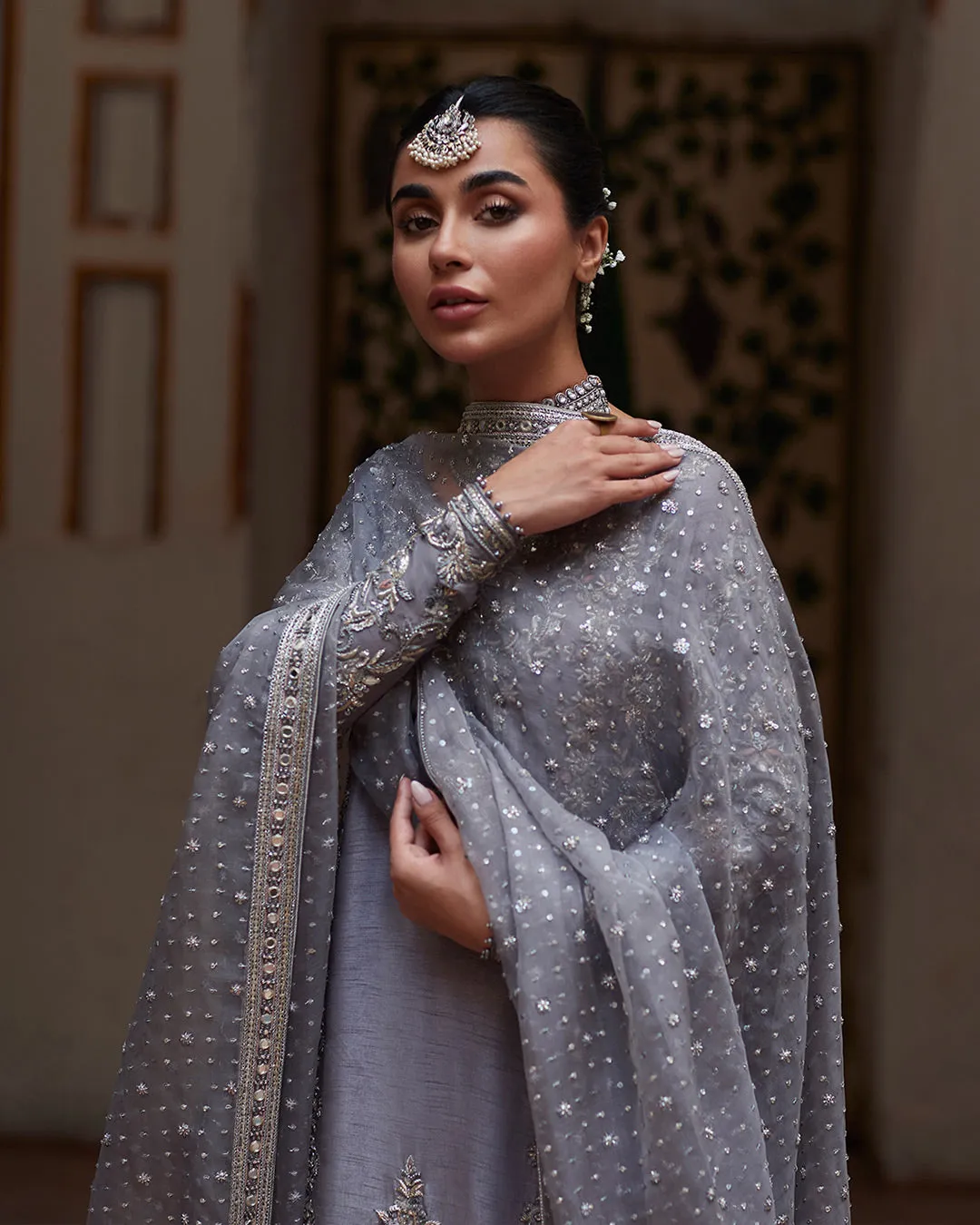 Grey Pakistani Wedding Dress in Kameez Sharara Style
