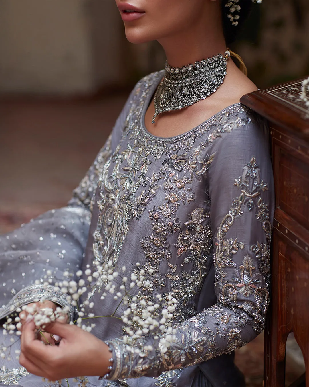 Grey Pakistani Wedding Dress in Kameez Sharara Style