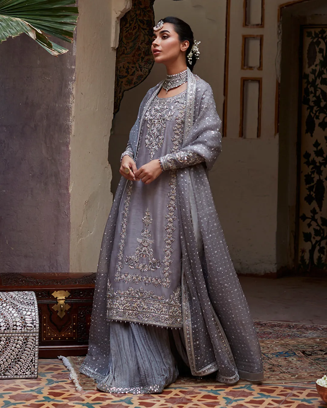 Grey Pakistani Wedding Dress in Kameez Sharara Style