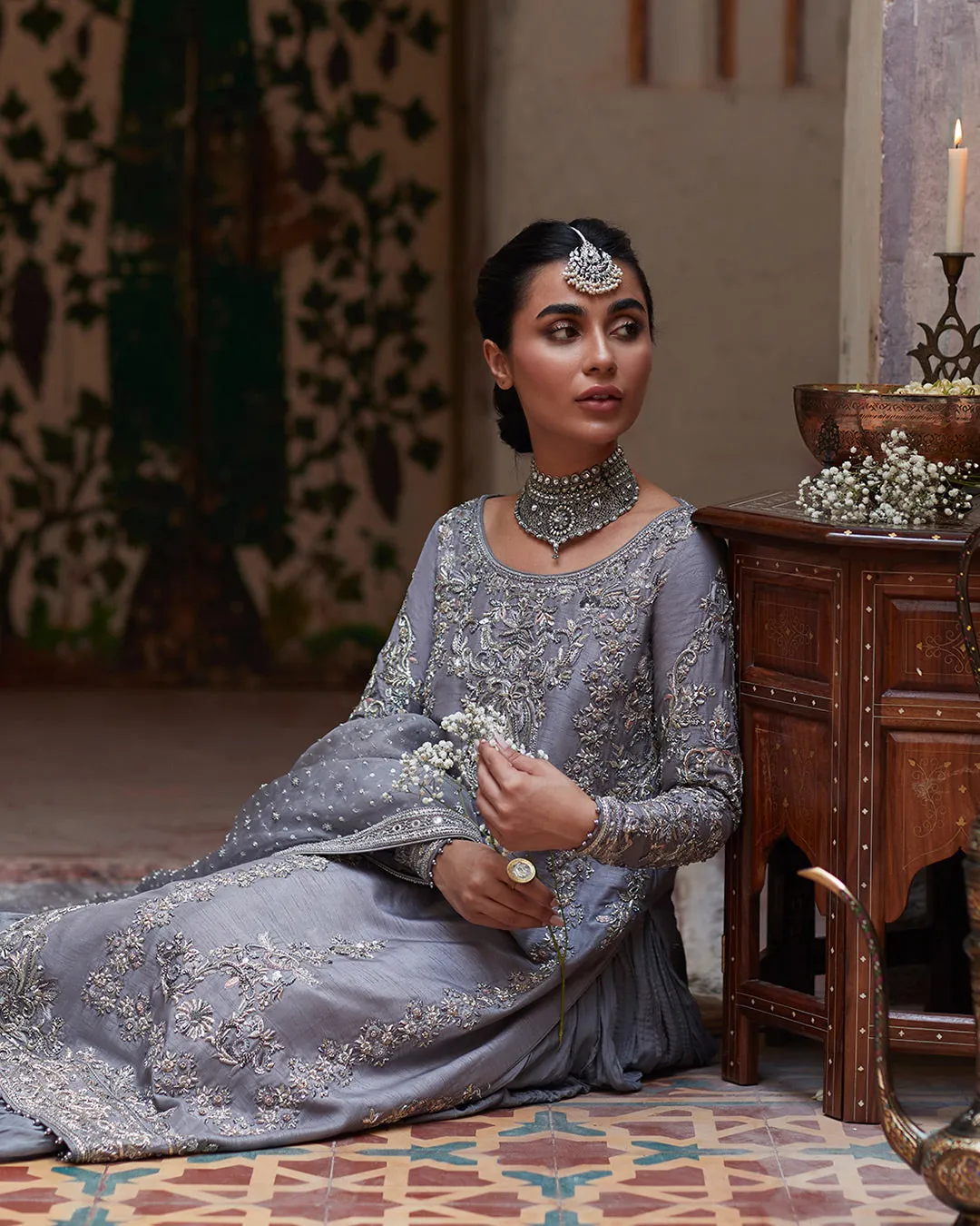 Grey Pakistani Wedding Dress in Kameez Sharara Style