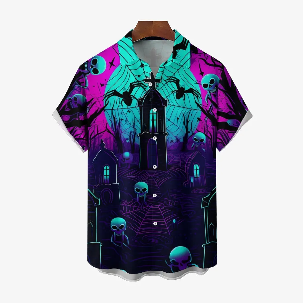 Halloween Castle Print Casual Large Size Short Sleeve Shirt 2408003704