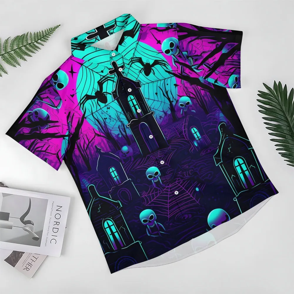 Halloween Castle Print Casual Large Size Short Sleeve Shirt 2408003704