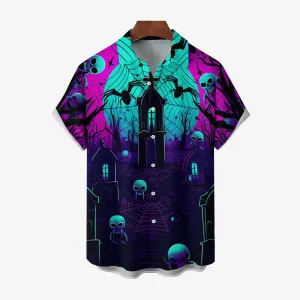 Halloween Castle Print Casual Large Size Short Sleeve Shirt 2408003704