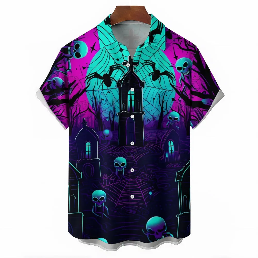 Halloween Castle Print Casual Large Size Short Sleeve Shirt 2408003704