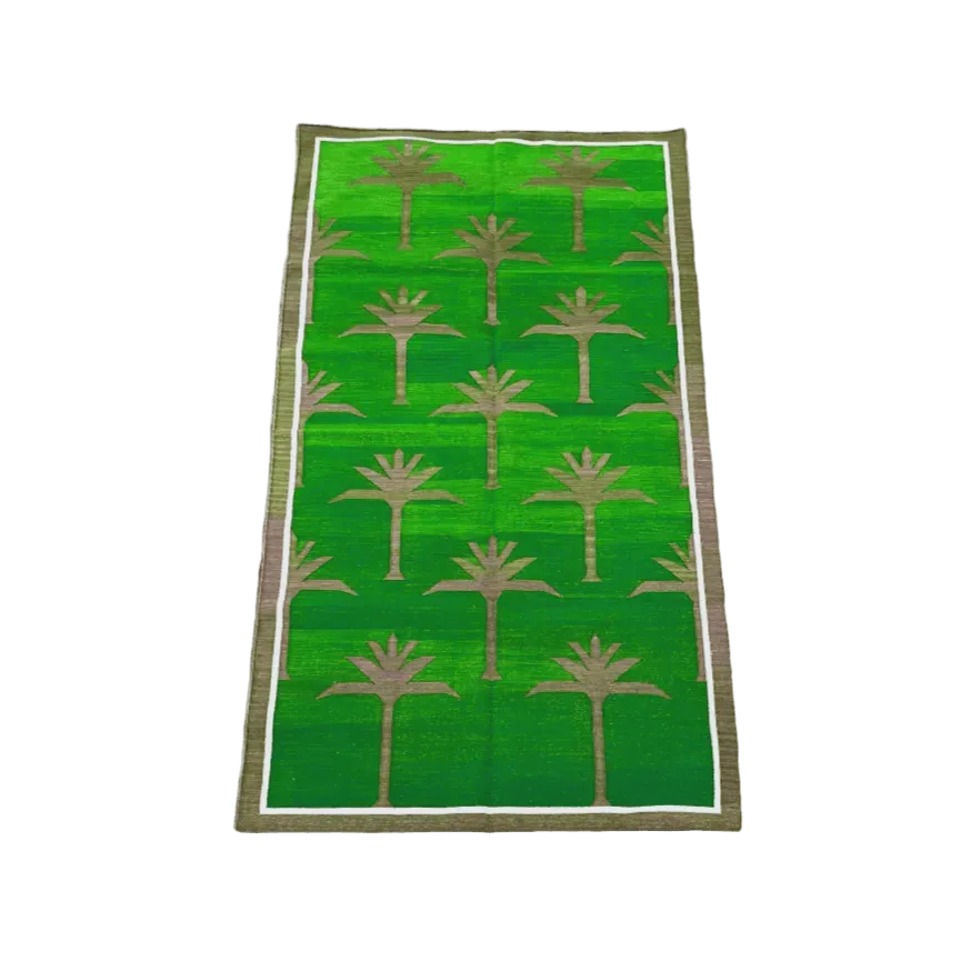 Handwoven Green Palm Trees Cotton Rug