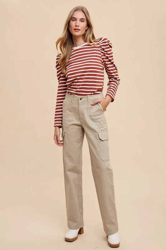 Hazel Blues® |  Annie Wear Striped Round Neck Puff Sleeve French Terry Top
