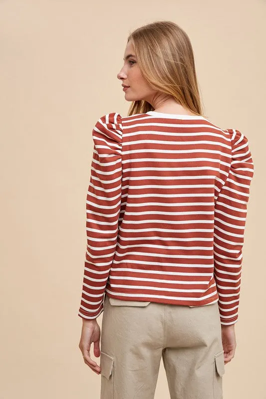 Hazel Blues® |  Annie Wear Striped Round Neck Puff Sleeve French Terry Top
