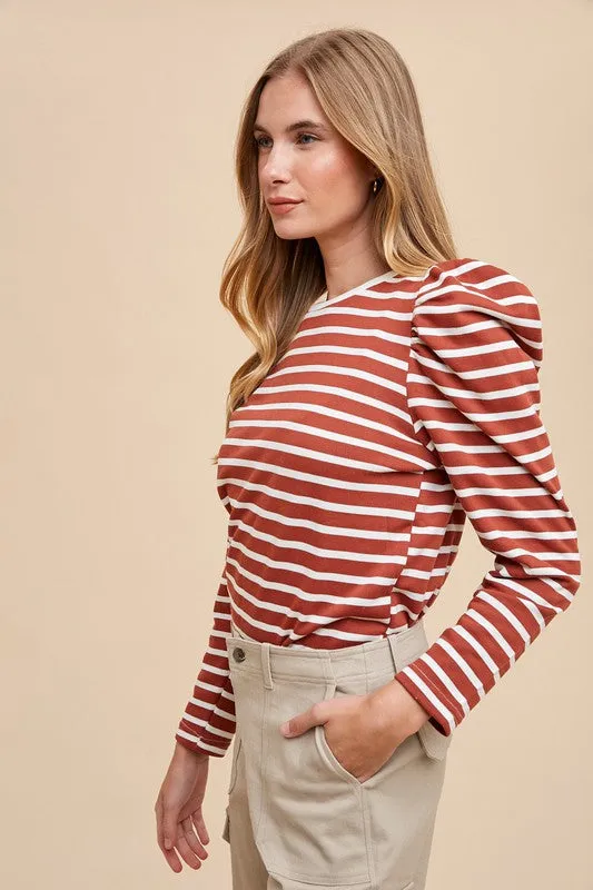 Hazel Blues® |  Annie Wear Striped Round Neck Puff Sleeve French Terry Top