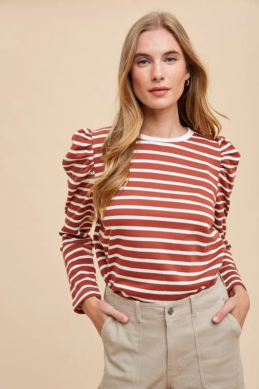 Hazel Blues® |  Annie Wear Striped Round Neck Puff Sleeve French Terry Top