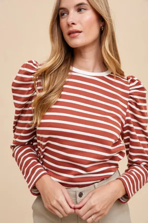 Hazel Blues® |  Annie Wear Striped Round Neck Puff Sleeve French Terry Top