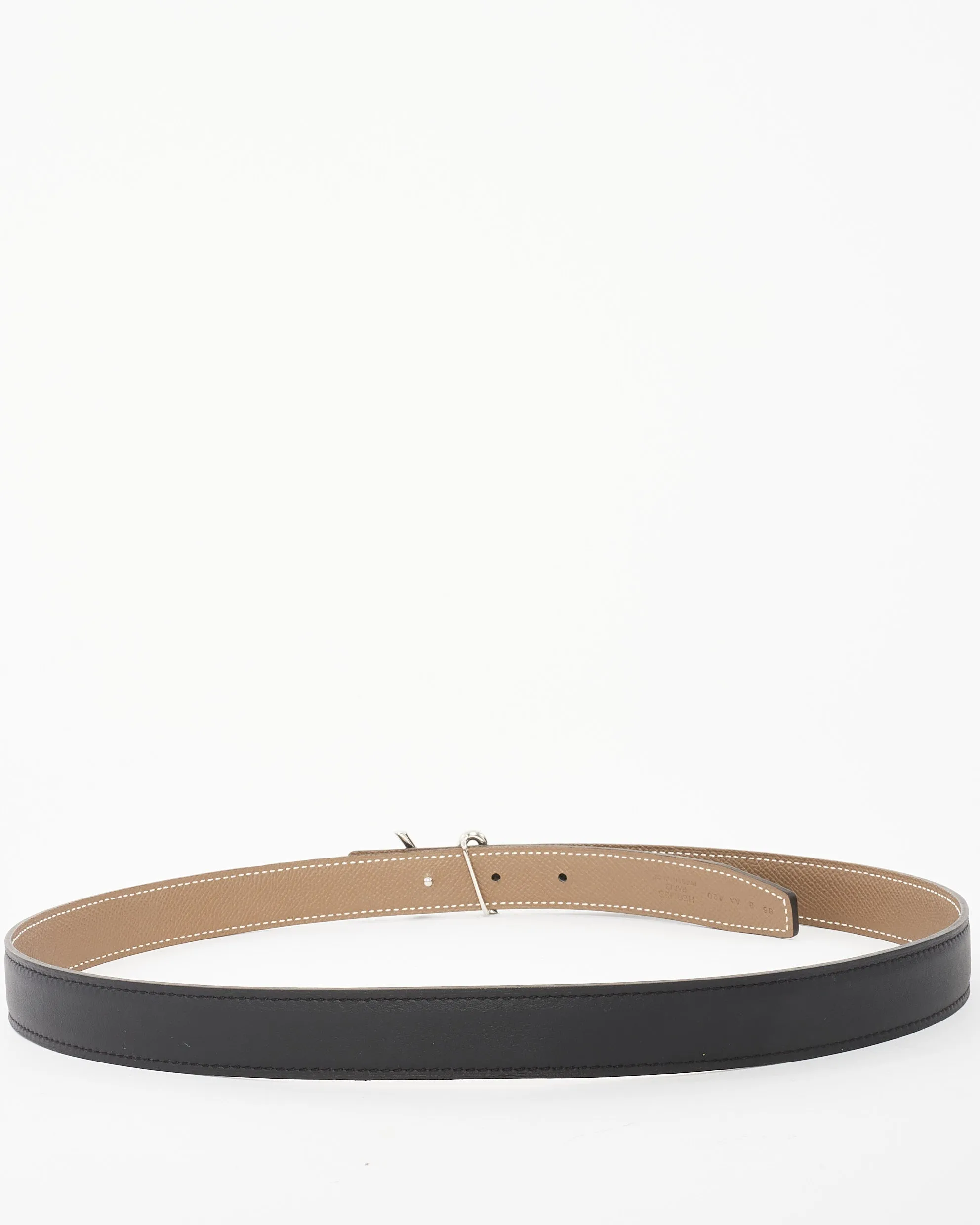 Hermès Reversible Black & Etoupe Leather Cursive H Buckle Belt - 85