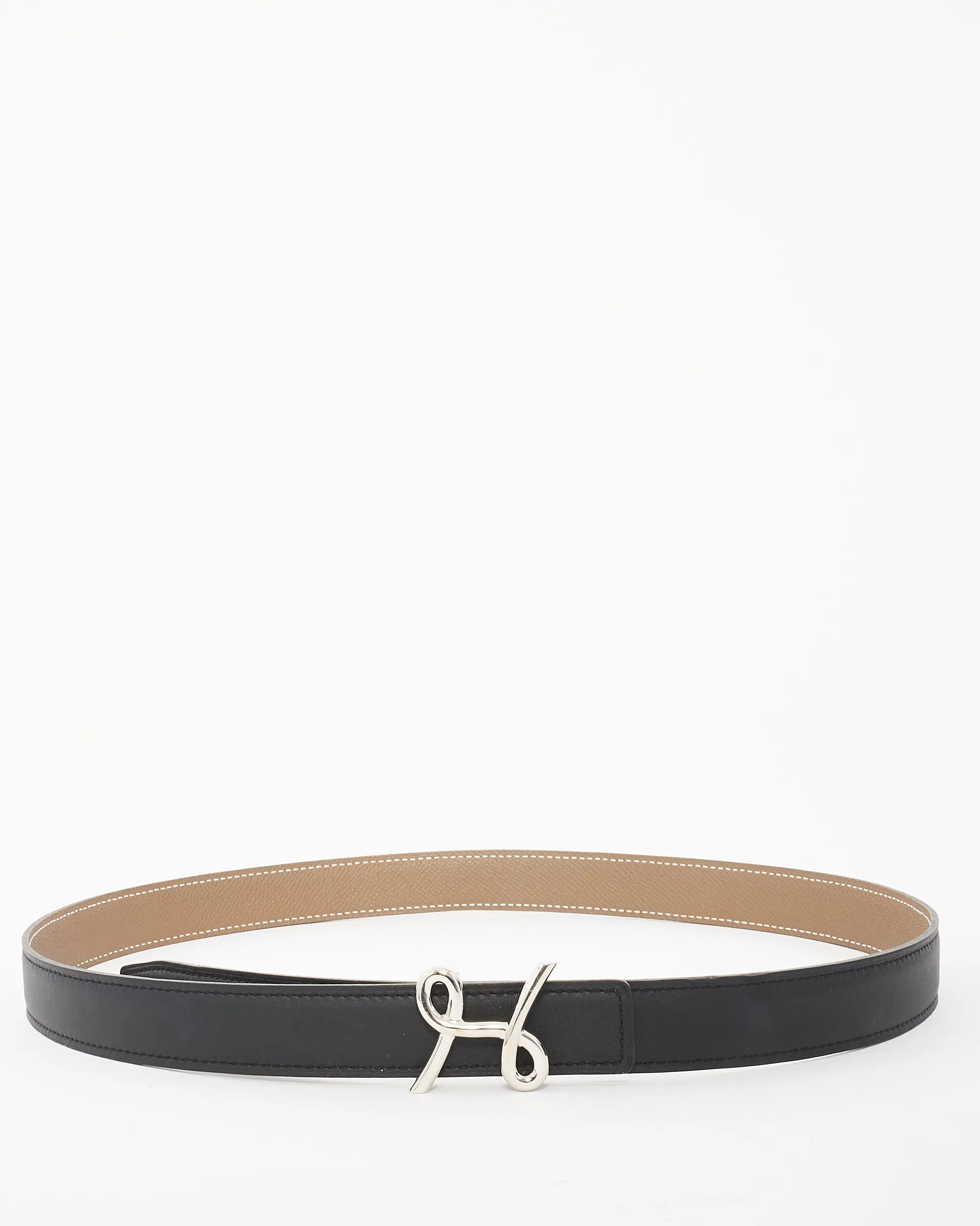 Hermès Reversible Black & Etoupe Leather Cursive H Buckle Belt - 85