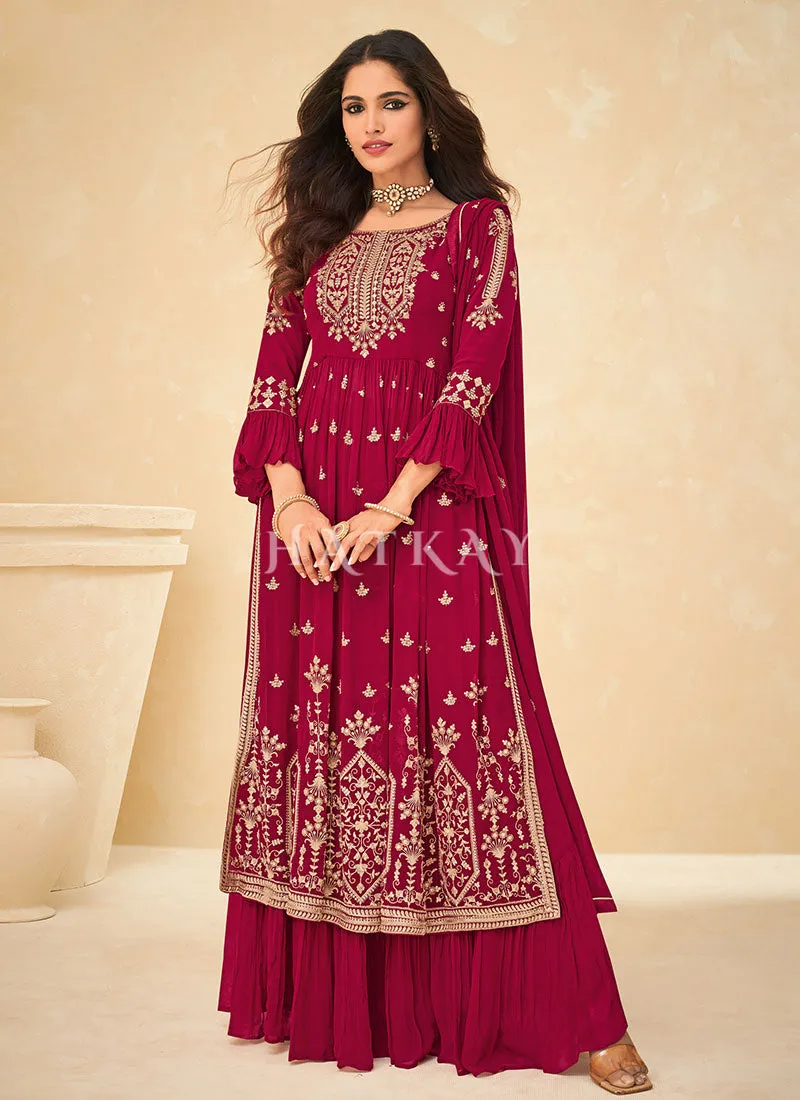 Hot Pink Thread Embroidered Pleated Palazzo Suit
