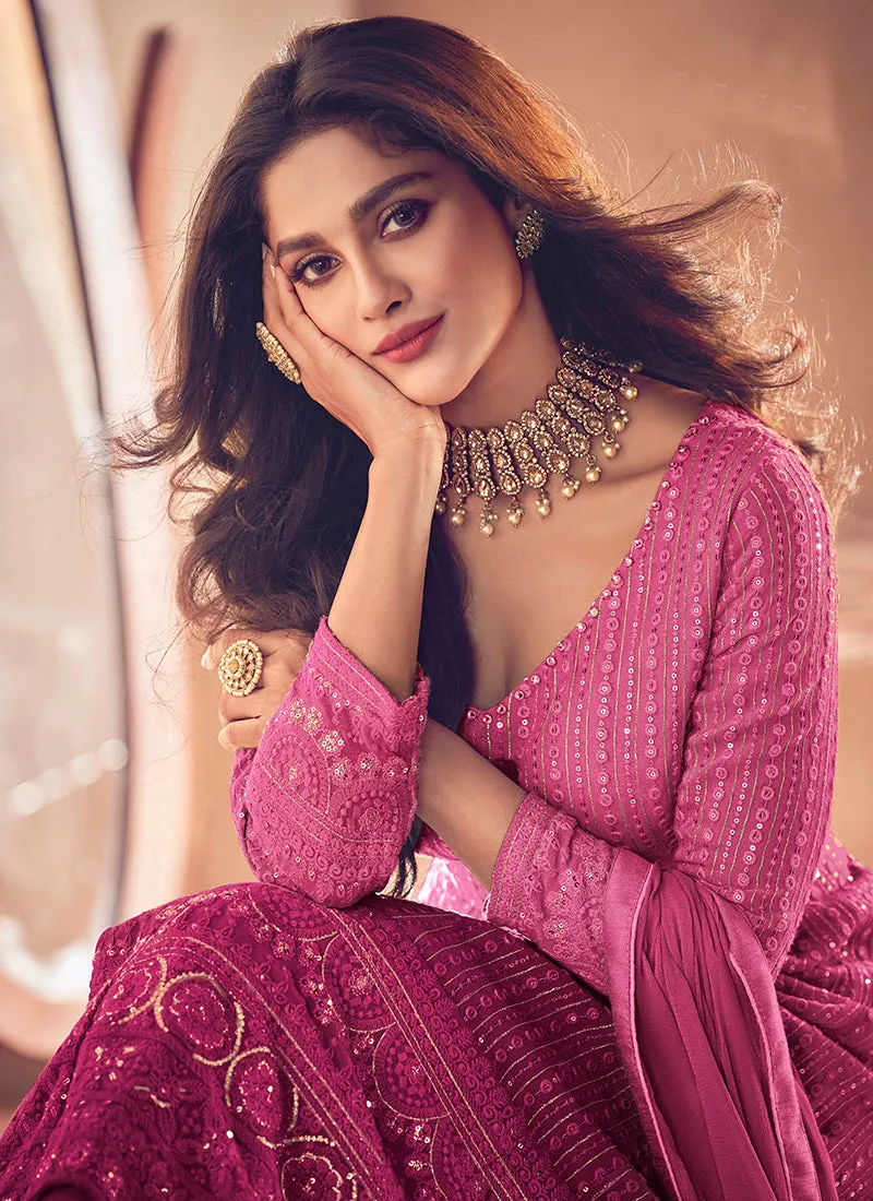 Hot Pink Traditional Sequence Embroidered Wedding Anarkali Lehenga