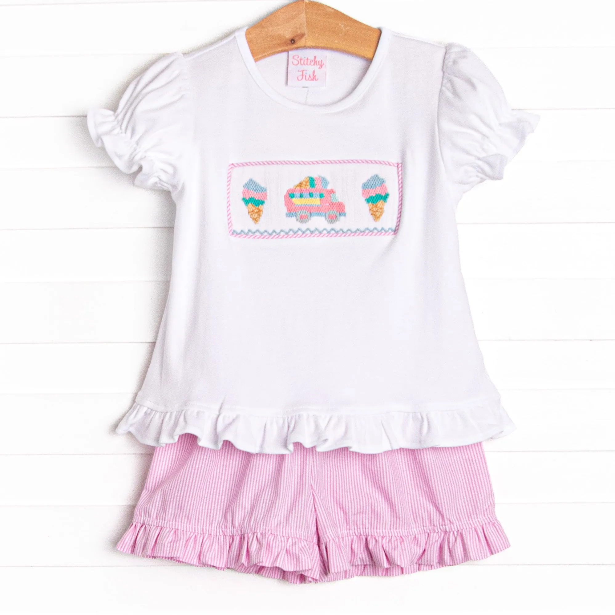 Ice Cream Truck Treats Smocked Ruffle Short Set, Pink