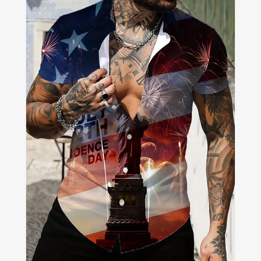 Independence Day Flag Lady Liberty Print Short Sleeve Shirt