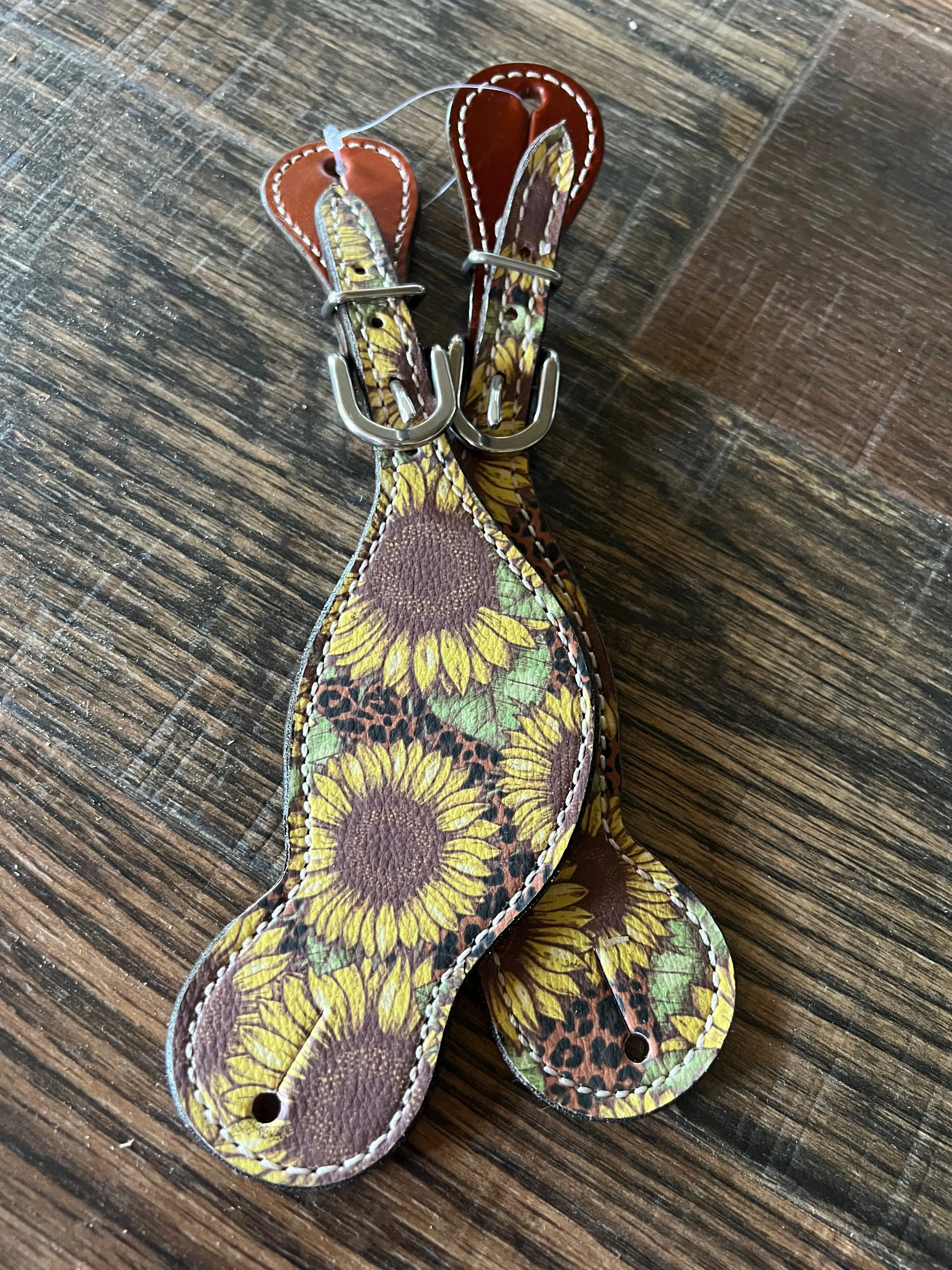 Ladies Sunflower Cheetah leather spur straps