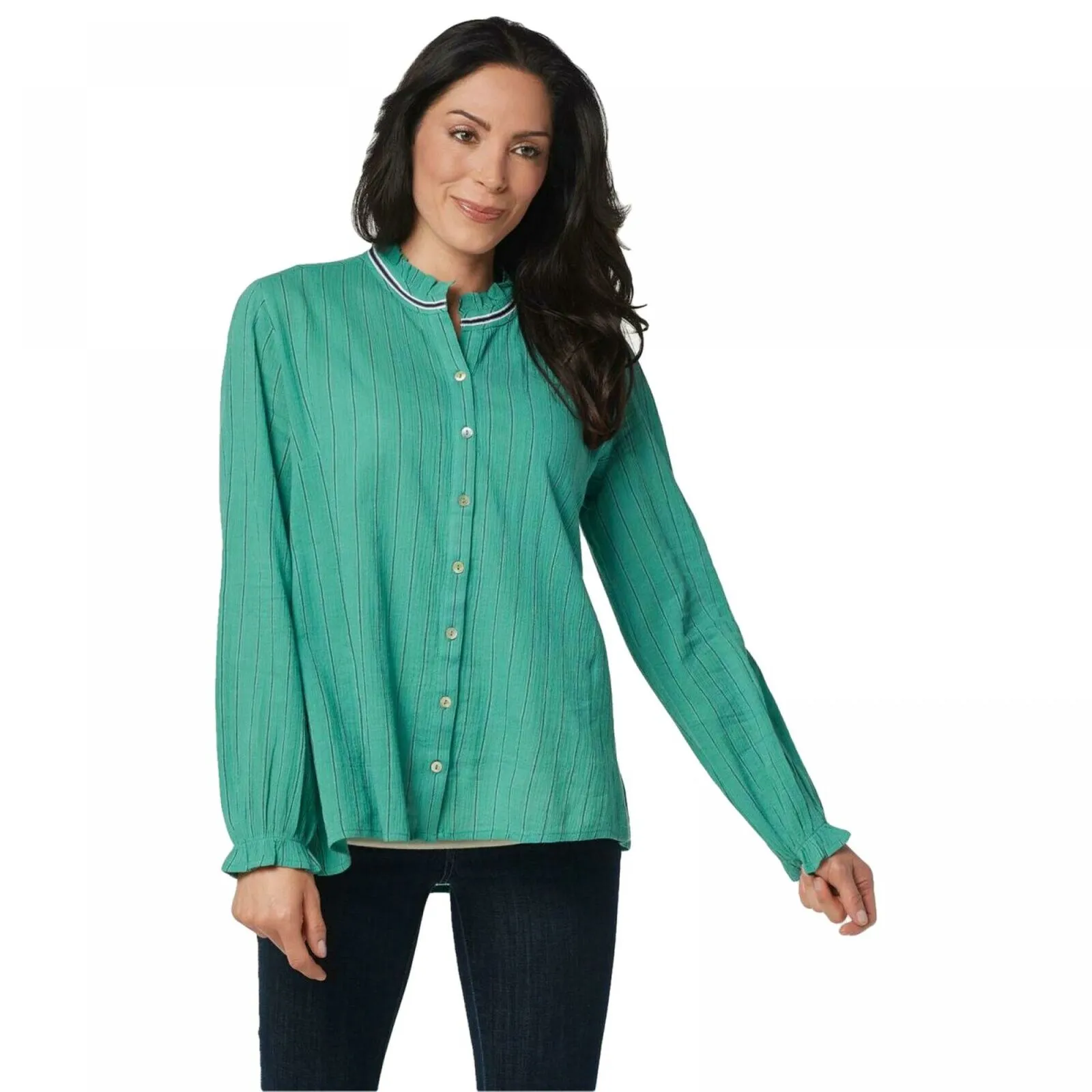 LOGO by Lori Goldstein Women's Woven Gauzy Cotton Blouse With Ruffle Collar