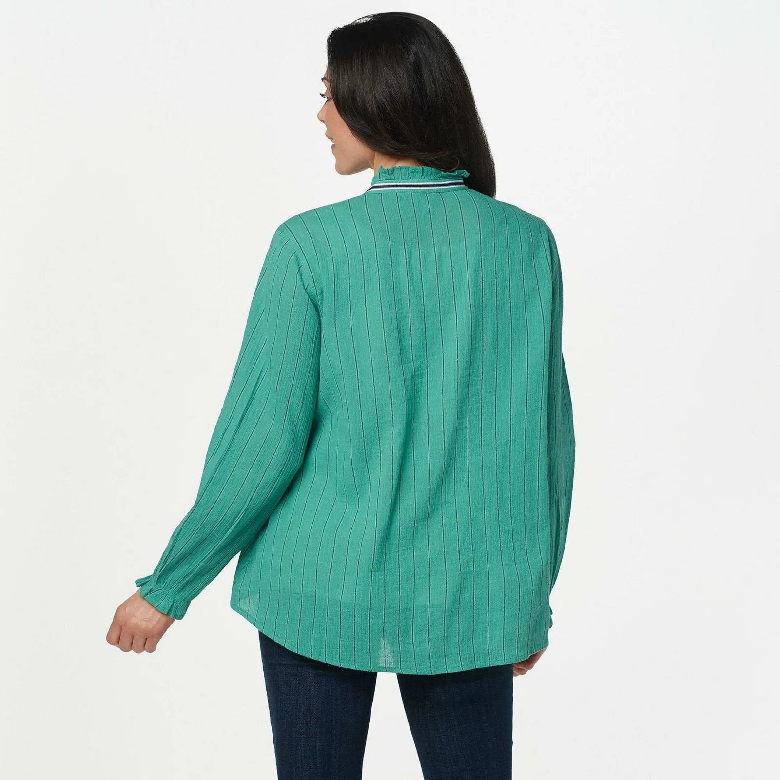 LOGO by Lori Goldstein Women's Woven Gauzy Cotton Blouse With Ruffle Collar