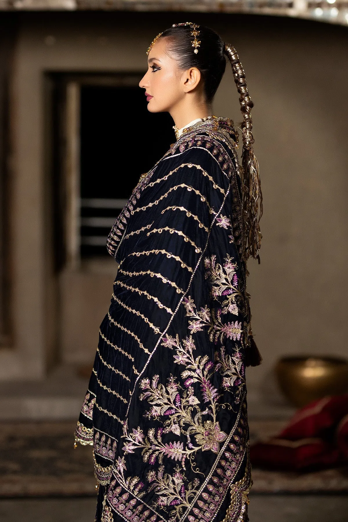 Luxury Dark Blue Embroidered Pakistani Wedding Dress in Long Frock Style
