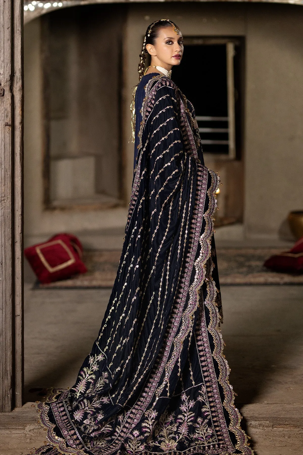 Luxury Dark Blue Embroidered Pakistani Wedding Dress in Long Frock Style