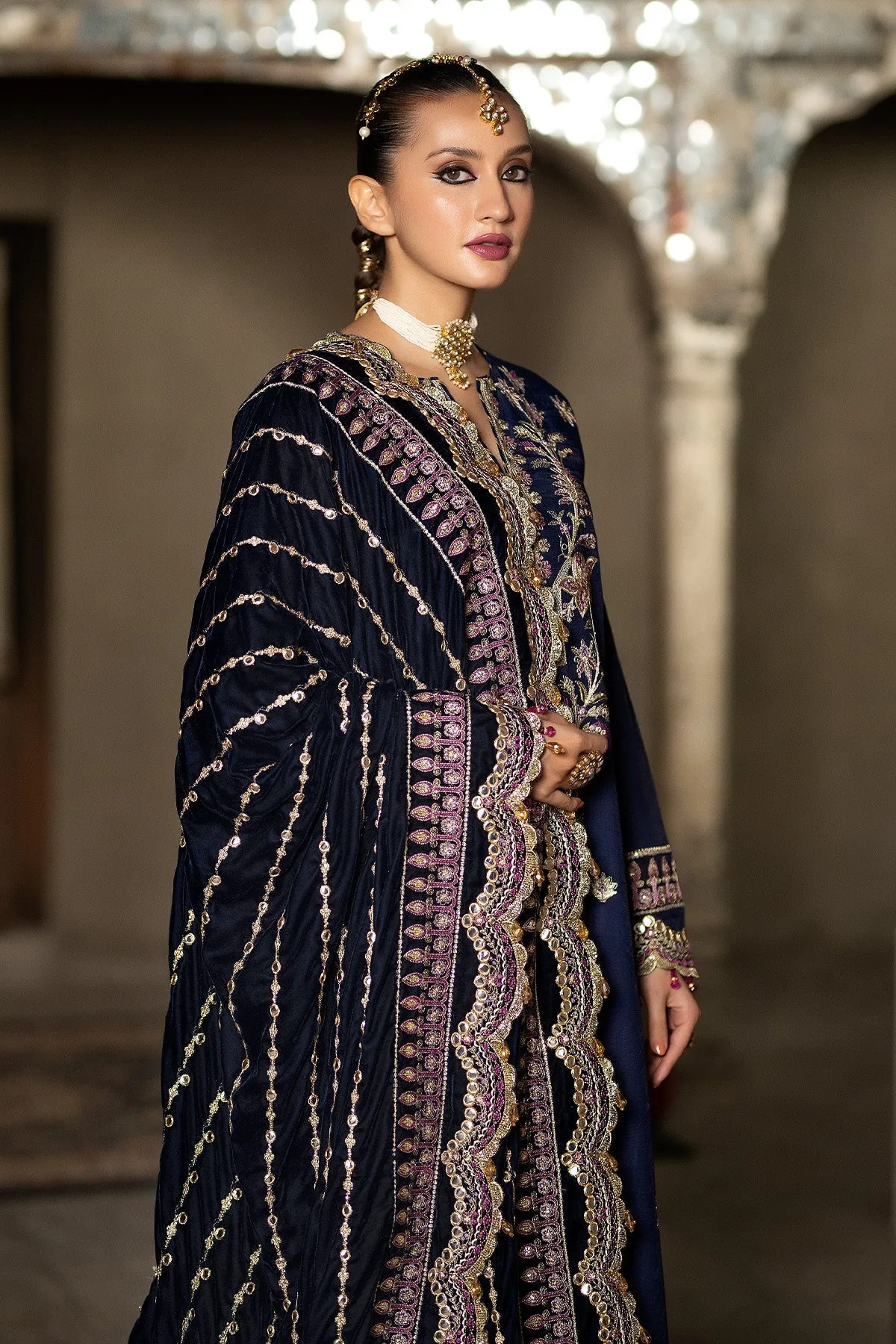 Luxury Dark Blue Embroidered Pakistani Wedding Dress in Long Frock Style
